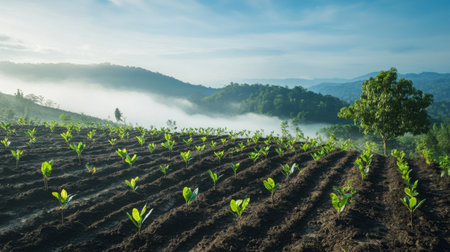 Newly planted rows of saplings on a hillside, with a soft morning mist hovering over the landscape, symbolizing the rejuvenation of deforested landの素材