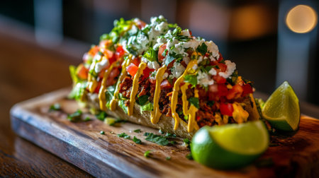 A vibrant close-up of a taco filled with seasoned beef, fresh lettuce, diced tomatoes, and shredded cheese, garnished with lime wedges on the sideの素材