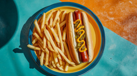 A vibrant plate of crispy golden fries served alongside a juicy hot dog topped with mustard and relish, against a bright picnic table backgroundの素材