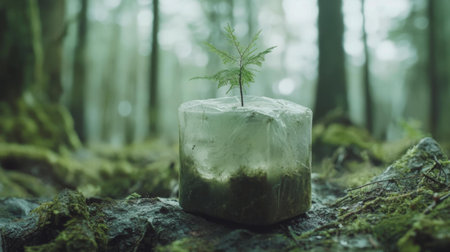 Close-up of a small tree growing out of a biodegradable seedling container placed on the forest floor, with soft light filtering through the treesの素材