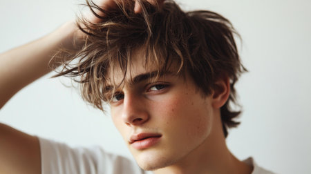 A young man running his fingers through his messy, tousled hairstyle, giving a relaxed, effortlessly stylish appearance.の素材