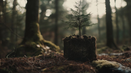 Close-up of a small tree growing out of a biodegradable seedling container placed on the forest floor, with soft light filtering through the treesの素材