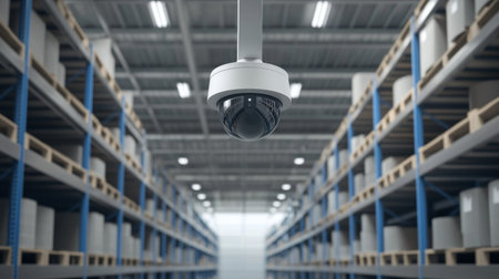 A white security camera mounted on a warehouse ceiling, observing rows of industrial shelves in a clean, organized environmentの素材