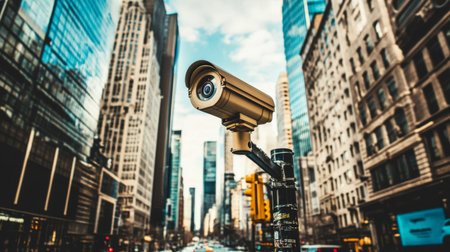 A wide-angle view of a CCTV camera on a pole near an empty intersection in a quiet business district, with minimal traffic and modern buildings in the backgroundの素材