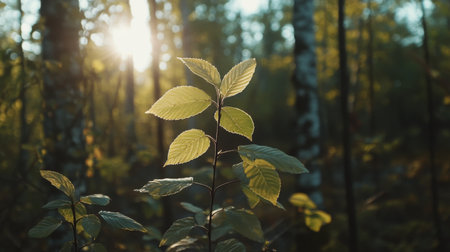 Close-up of healthy green leaves on a young tree, with soft sunlight filtering through, representing the growth and hope in reforestation effortsの素材