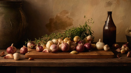 A vibrant arrangement of shallots and garlic on a wooden cutting board, with herbs and spices scattered around, creating an inviting kitchen atmosphereの素材