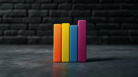 A D-rendered bar graph with rising colorful bars, symbolizing growth in market trends, with a dark and minimalistic background for contrastの素材