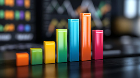 A D-rendered financial bar graph with tall, colorful bars rising against a dark background, symbolizing upward financial growth and successの素材
