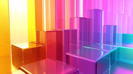A D bar graph with bright, glossy bars in multiple colors, representing financial data with an abstract tech backgroundの素材