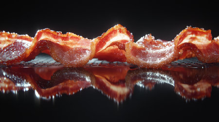 A batch of crispy bacon strips on a cooling rack, with light reflecting off the glossy surface, emphasizing their crunchy texture and rich colorの素材