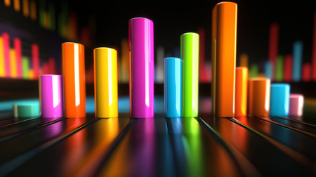 A D-rendered financial bar graph with tall, colorful bars rising against a dark background, symbolizing upward financial growth and successの素材