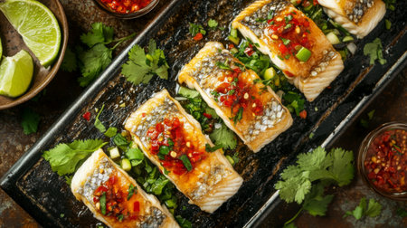 A beautiful plate of fried seabass, drizzled with rich fish sauce, surrounded by lime wedges and fresh herbs, showcasing the vibrant and appetizing presentationの素材