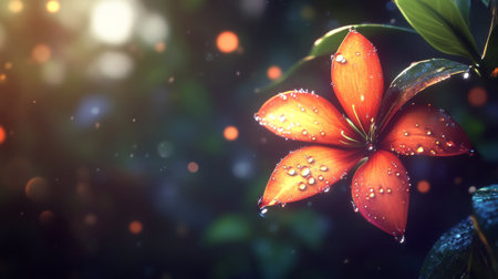 A bright, colorful flower with droplets of water on its petals, set against a blurred garden background, creating a fresh and serene sceneの素材