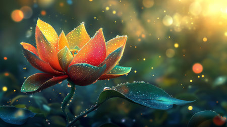 A bright, colorful flower with droplets of water on its petals, set against a blurred garden background, creating a fresh and serene sceneの素材