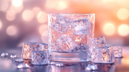 A chilled glass of soda filled with large ice cubes and sparkling bubbles, sitting on a cool, smooth surface with soft natural light highlighting the textureの素材