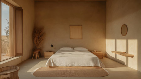 A clean and minimalist bedroom with a low bed, light-colored wooden furniture, and minimalist wall art, bathed in soft, natural daylightの素材