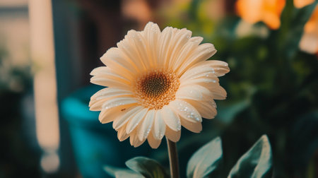 A close-up of a fresh flower with water droplets clinging to its petals, captured in the morning light, creating a peaceful and refreshing atmosphereの素材
