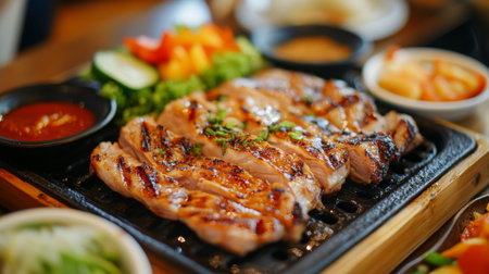 A close-up of BBQ pork being grilled on a hotplate, with vegetables and dipping sauces nearby, surrounded by a rustic wooden table setupの素材