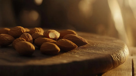 A close-up of almonds arranged neatly on a wooden platter, with some whole and others cracked open, showcasing the nut inside in soft, ambient lightの素材