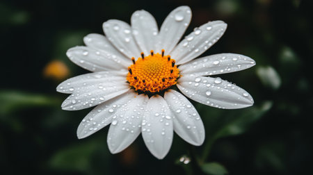 A close-up of a fresh flower with water droplets clinging to its petals, captured in the morning light, creating a peaceful and refreshing atmosphereの素材