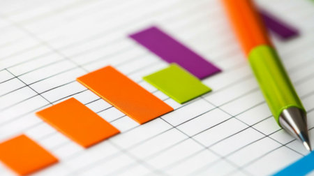 A close-up of a financial bar graph on a digital screen showing rising values, with sharp, colorful bars representing growth and progress in a business analysisの素材