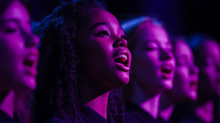 A close-up of several choir singers, each in deep concentration, their mouths open as they sing in perfect harmony under soft stage lightingの素材