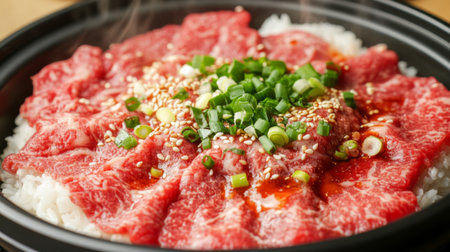 A close-up of tender slices of beef served over a bowl of steaming white rice, topped with a savory sauce and garnished with fresh green onions and sesame seedsの素材