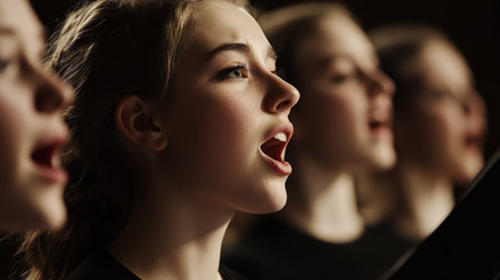 A close-up of several choir singers, each in deep concentration, their mouths open as they sing in perfect harmony under soft stage lightingの素材