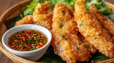 A close-up of fried seabass with a golden-brown crust, glistening with fish sauce, and accompanied by a small bowl of dipping sauce, highlighting its crispy textureの素材