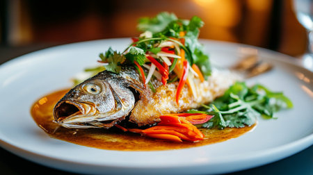 A close-up of crispy fried seabass glazed with fish sauce, garnished with thinly sliced fresh herbs and chilies, presented on a clean, white plate with vibrant colorsの素材