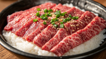 A close-up of beef slices arranged neatly on a bowl of white rice, drenched in a savory sauce with a sprinkle of sesame seeds and green onions, highlighting the texturesの素材
