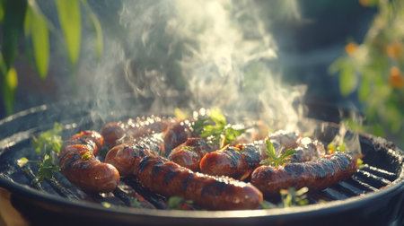 A close-up of grilled sausages sizzling on a barbecue, with a slight char on the surface, set on a plate with fresh herbs and spices, bathed in soft lightingの素材