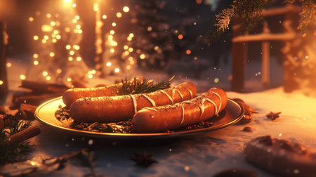 A close-up of grilled sausages on a plate, garnished with herbs and surrounded by spices, with soft, diffused lighting enhancing the warm, inviting atmosphereの素材