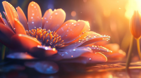 A detailed shot of a flower with dewdrops on its petals, captured in the soft morning sunlight, with vibrant colors and natural texturesの素材
