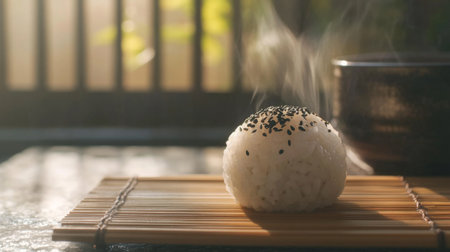 A close-up shot of a Japanese rice ball filled with seasoned ingredients, resting on a bamboo mat, with soft sunlight highlighting the details of the dishの素材