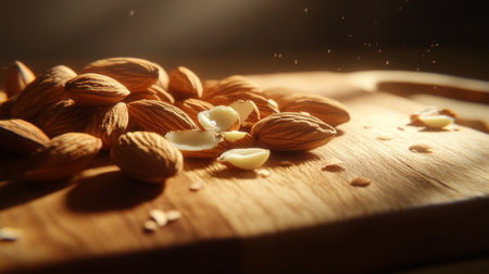A close-up of whole and sliced almonds scattered on a wooden cutting board, with soft lighting highlighting the texture and details of the nutsの素材