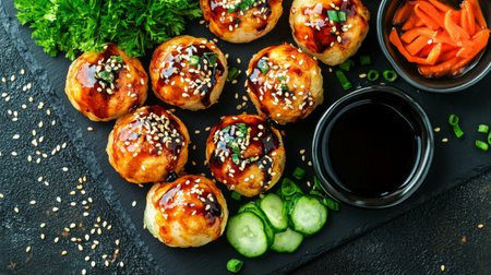 A collection of takoyaki served on a slate plate with dipping sauce and garnishes like sesame seeds and pickled vegetablesの素材