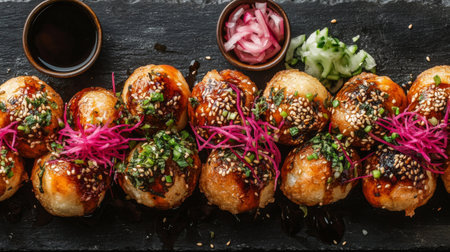 A collection of takoyaki served on a slate plate with dipping sauce and garnishes like sesame seeds and pickled vegetablesの素材