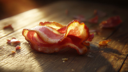 A crispy bacon strip placed on a wooden surface, with a slight curl on the edges, with soft, natural light enhancing the golden tonesの素材