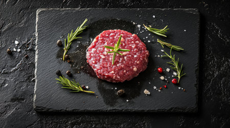 A close-up shot of fresh ground beef placed on a clean surface, showing the texture and fine grind of the meat, highlighting its freshnessの素材