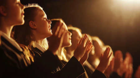 A dramatic shot of a choir in full performance, with hands raised in harmony, the spotlight illuminating the singers against a darkened stageの素材
