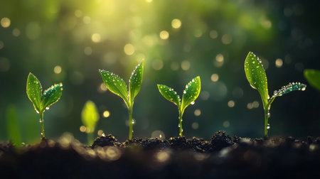 A close-up of young corn plants sprouting from the soil, with droplets of water on the leaves, symbolizing the early stages of growth in a cornfieldの素材