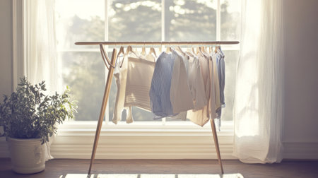 A clothes drying rack filled with towels, shirts, and socks, placed near an open window with sunlight pouring in, symbolizing the simple daily task of drying laundryの素材