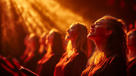 A dynamic shot of a choir in performance, singing with passion, with dramatic light shining down on the singers to emphasize the energy of their voicesの素材