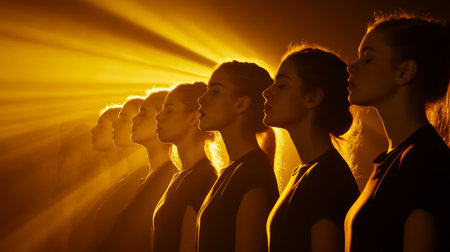 A dramatic shot of a choir performing, their voices blending in perfect harmony, with rich lighting casting shadows on their faces to enhance the emotional atmosphereの素材