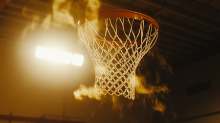 A dynamic close-up of a basketball hoop with the net swaying, set against a brightly lit gymnasium, showcasing the excitement of the gameの素材