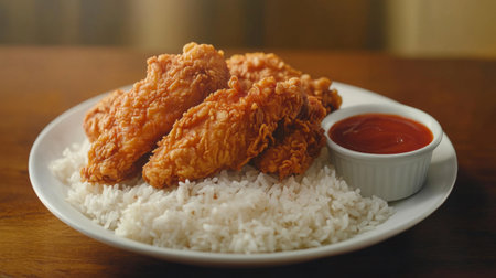A delicious plate of golden fried chicken resting on a bed of rice, with a small bowl of dipping sauce on the side, placed on a wooden table with soft lightingの素材