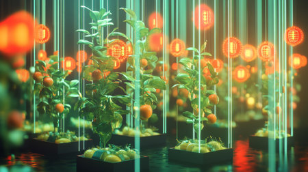 A visually striking D graph with interconnected nodes and ascending lines, set in a digital space with glowing financial symbols in the backgroundの素材