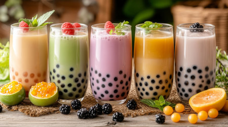 A variety of bubble tea flavors, including classic milk tea, matcha, and fruit-based teas, with colorful pearls and toppings in glass cups, beautifully arranged on a table.の素材