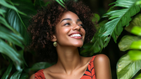 A vibrant outdoor portrait of a woman with a radiant smile, surrounded by greenery, capturing her joyful and approachable personality.の素材